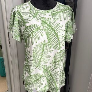 Kim & Cami White Tee with Green Leaf Embroidery